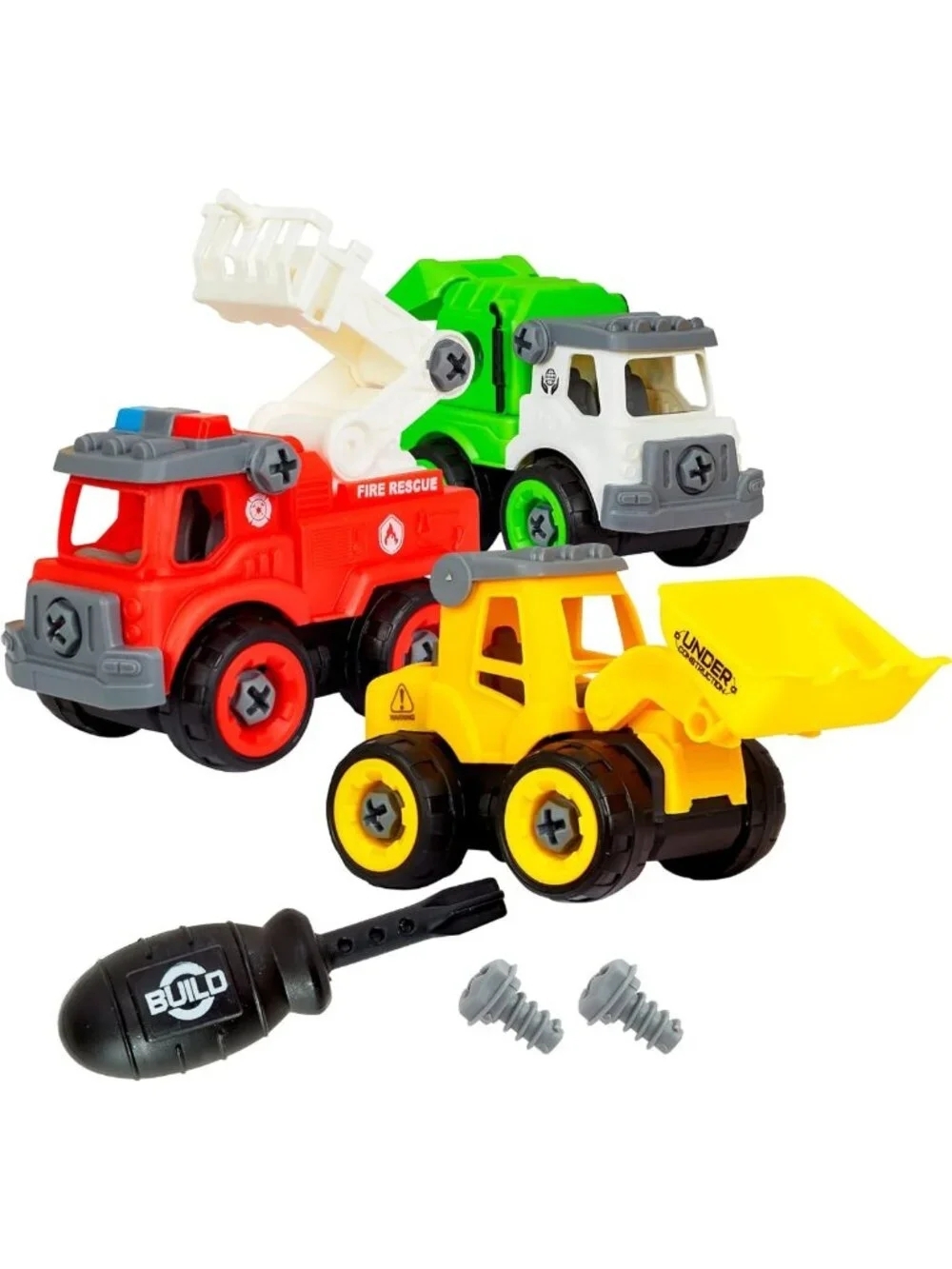 Take Apart Toy Vehicle Set - 3 Pack Fire Truck & Garbage Truck - Building Fun
